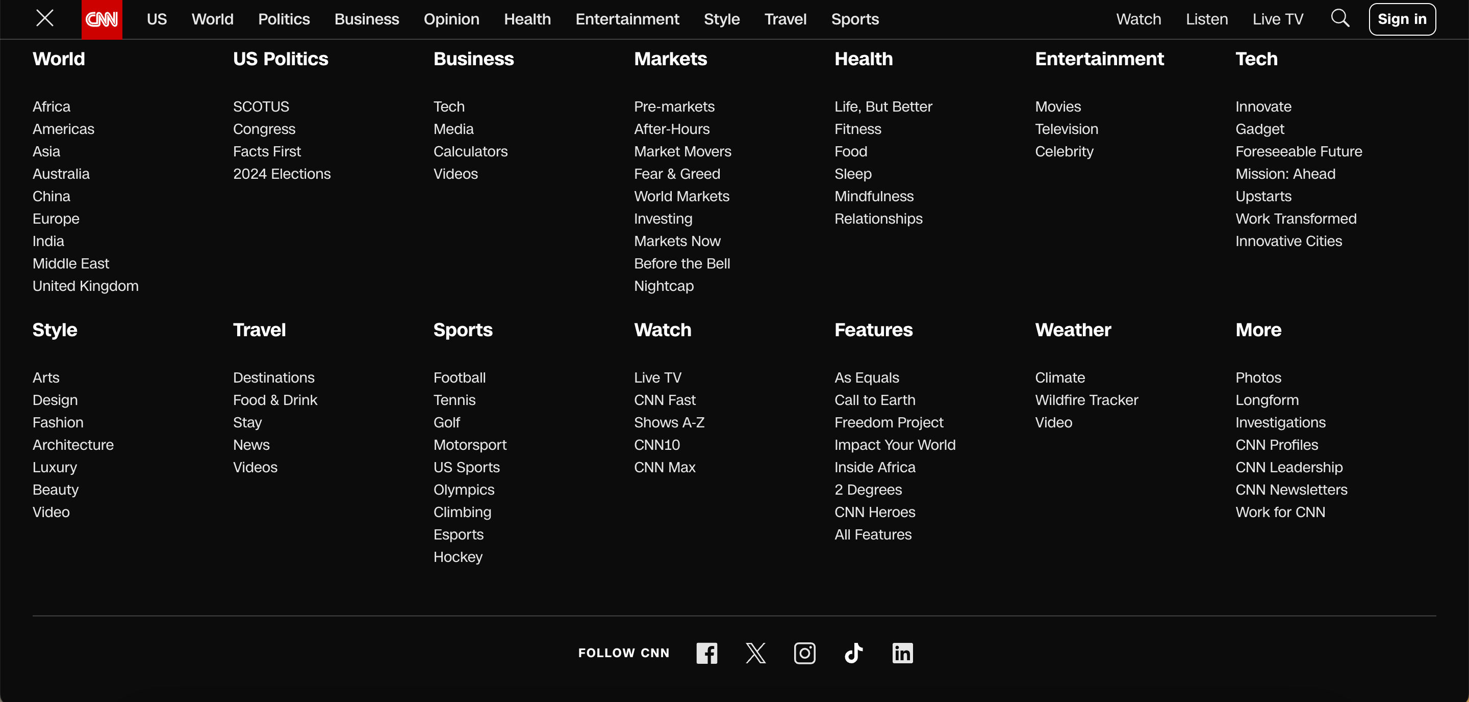 Screenshot of CNN's website's mega menu